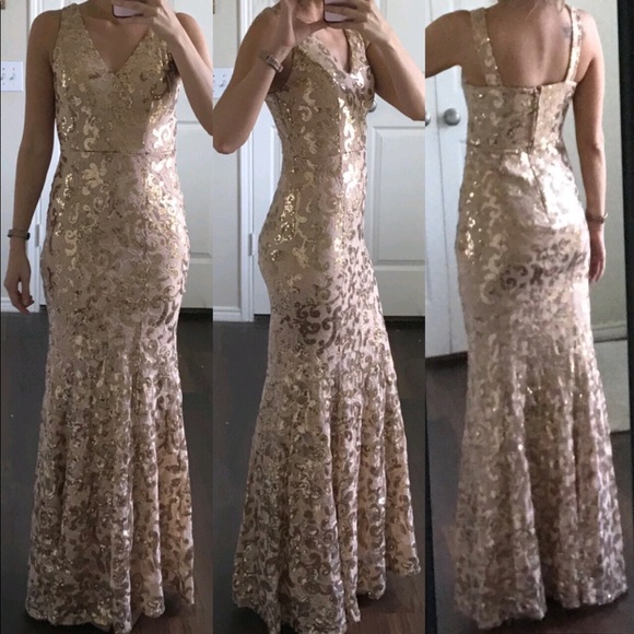 Dresses & Skirts - Tan gold sequin lace formal prom mermaid dress